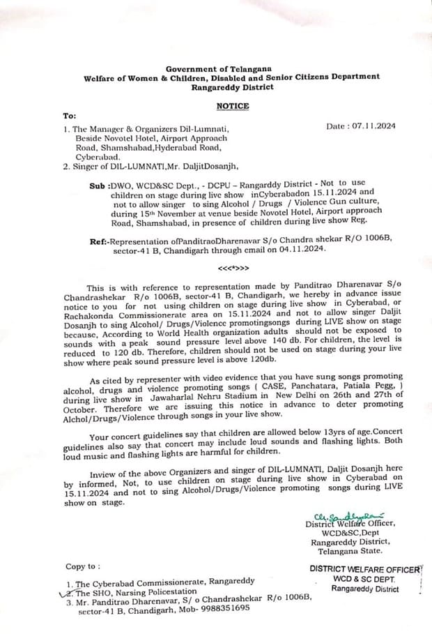 Telangana government notice to Diljit Dosanjh