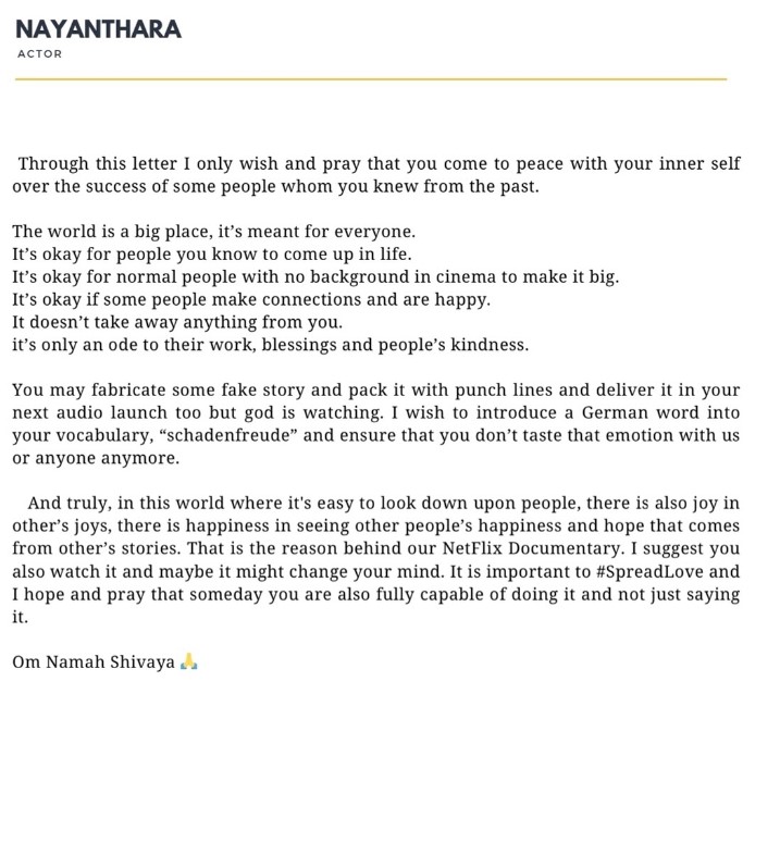 Nayanthara letter to dhanush