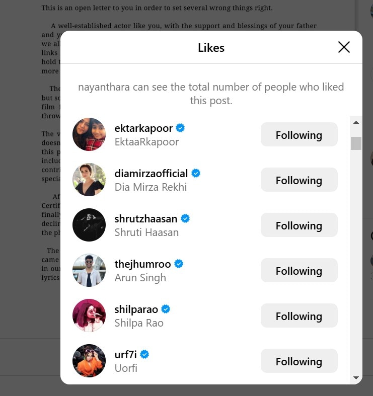 celebs' likes on Nayanthara's Instagram post