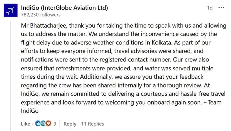 Indigo reply for bad service