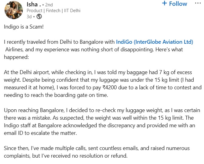 IndiGo Responds After Woman Slams Airline For Overcharging On Baggage, Calls It A Scam