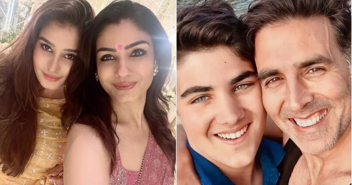akshay kumar with son aarav and Raveena Tandon with Rasha