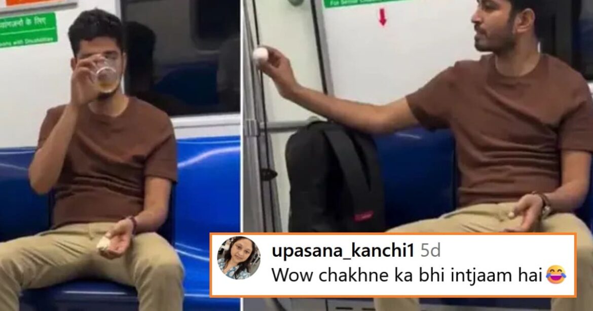 man-drinking-and-eating-eggs-in-delhi-metro