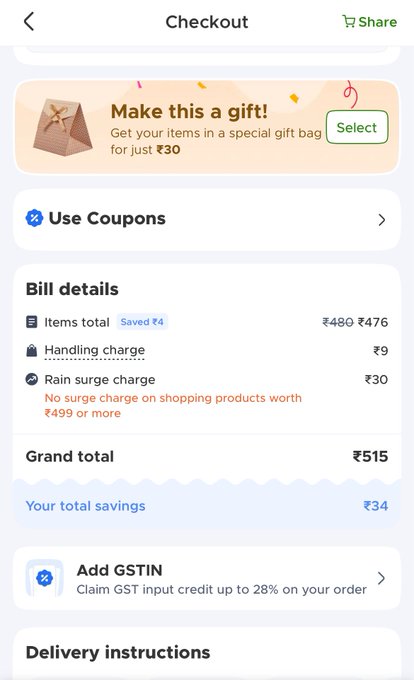 Blinkit rain surcharge during hot weather