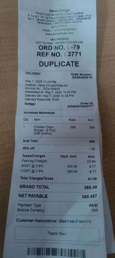 Swiggy delivers non veg biriyani instead of veg food ordered