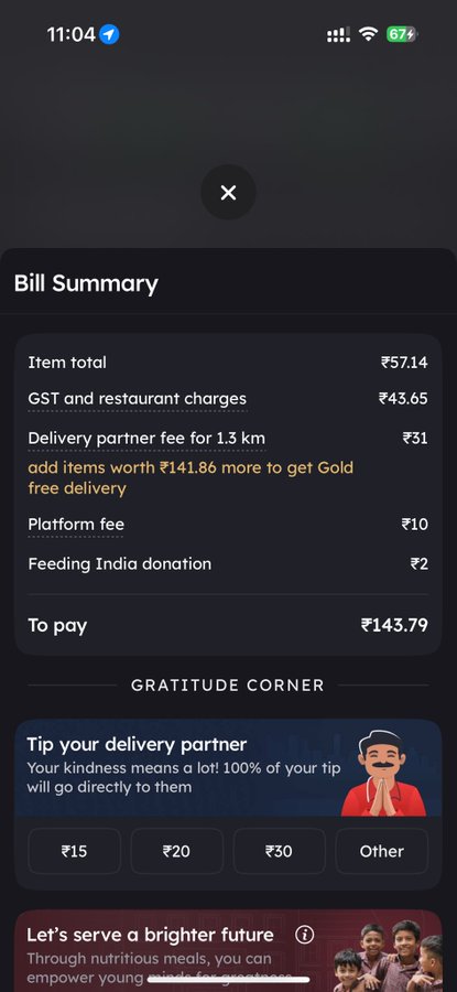 Zomato additional cost on final bill