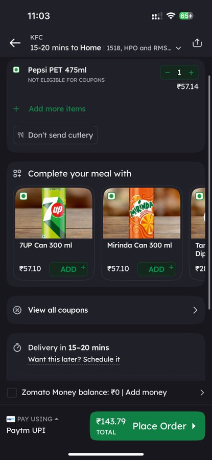 Zomato charged Rs 143 for Rs 57 beverage