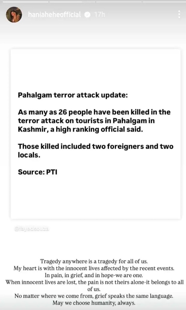 hania Aamir instagram story on Pahalgam attack