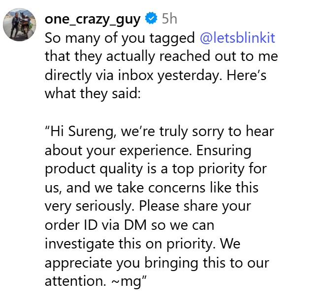Blinkit's response to customer who received bad eggs