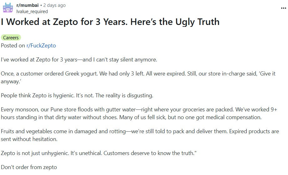 Zepto whistleblower post reddit
