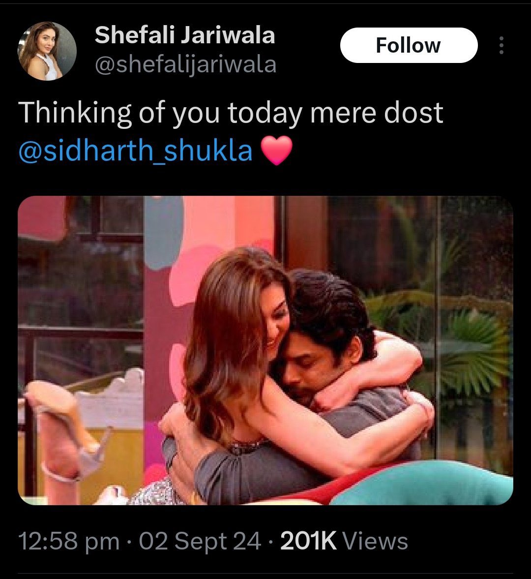 shefali jariwala post for Sidharth Shukla