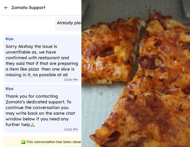 zomato delivers pizza with slice missing