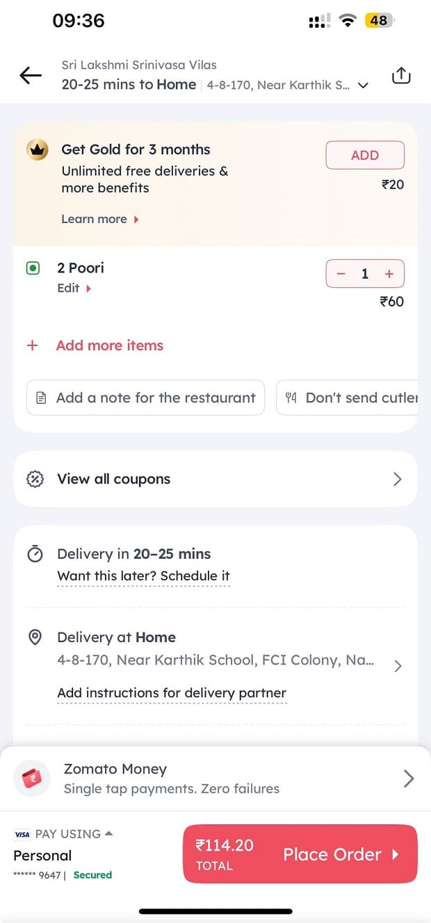 Zomato puri bill