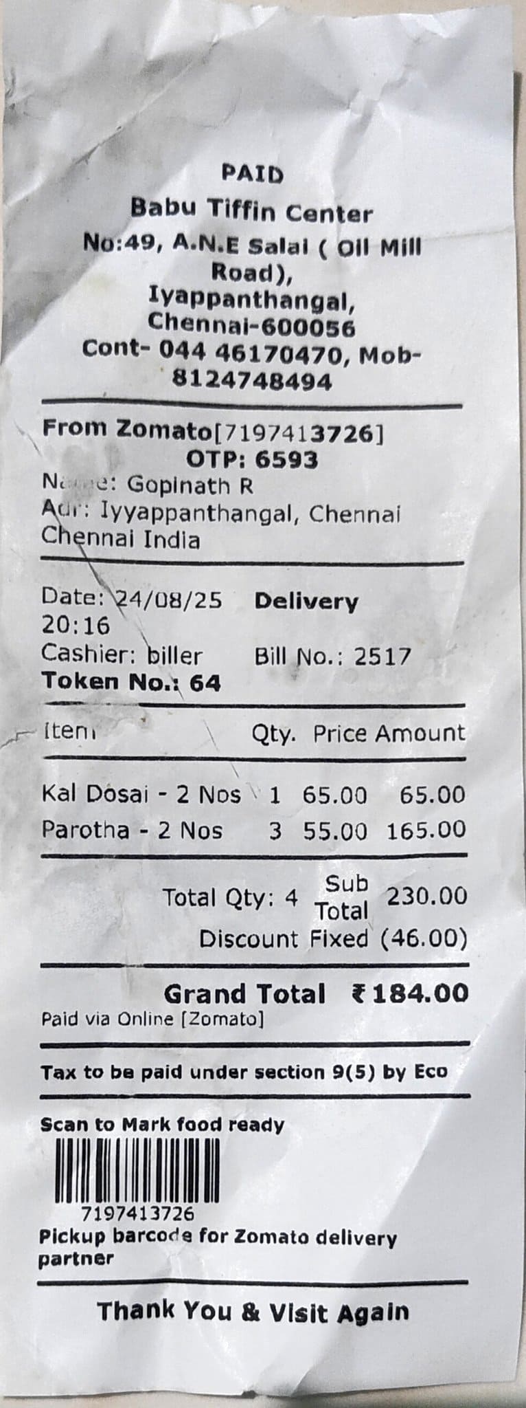 Restaurant bill