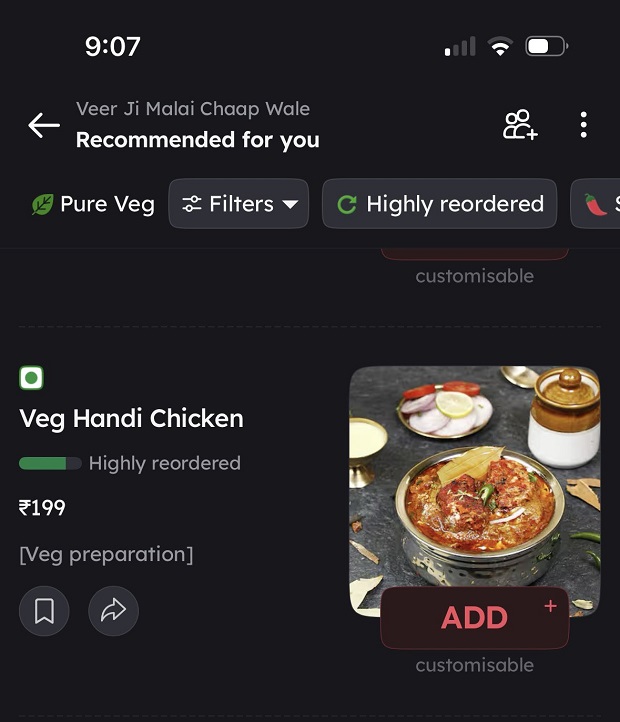 Veg Handi Chicken on Zomato