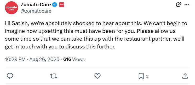 Zomato Care's reply to X post