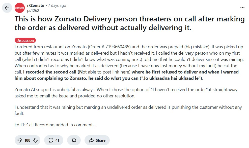 Zomato delivery boy marks order delivered without delivering it