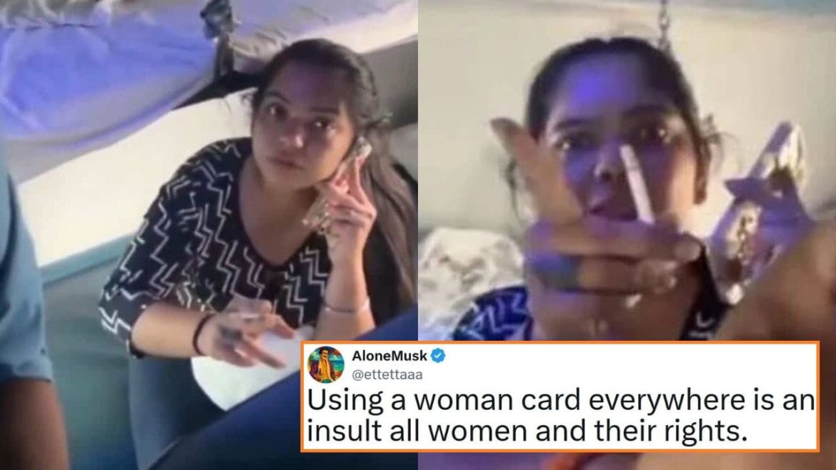 Woman smoking in train