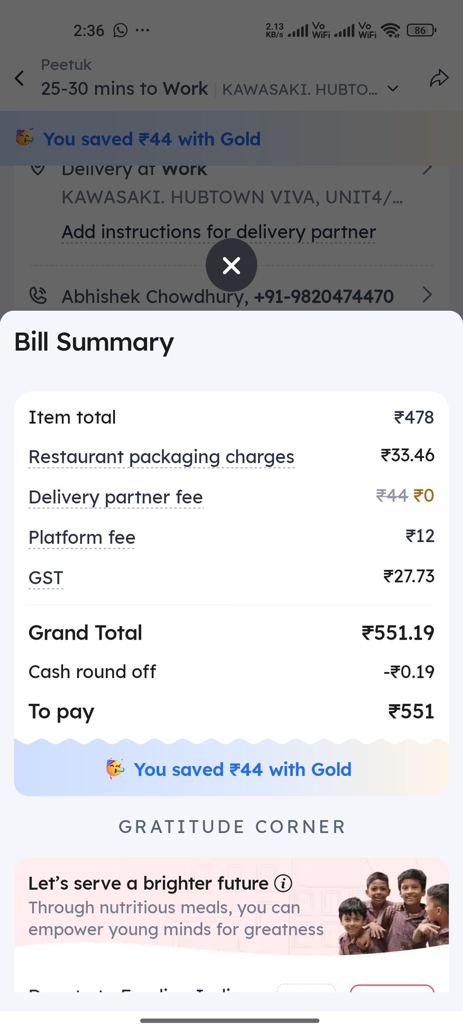 zomato packing charge