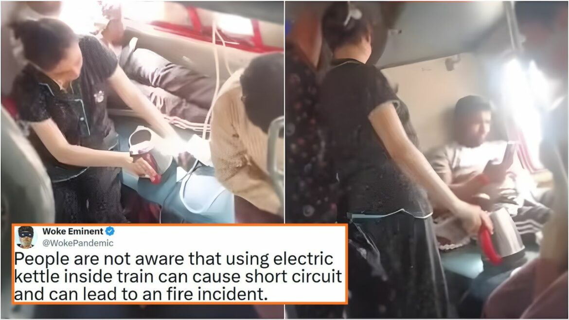 Woman Using Electric Kettle Inside Train
