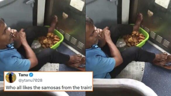 Train Vendor Resting His Feet On A Samosa